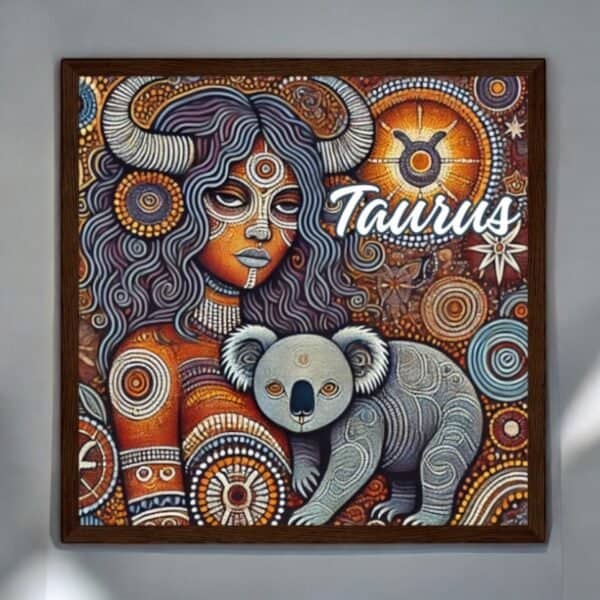 Taurus Aboriginal Astrology Bull Horned Woman with Koala Indigenous Art Wood Framed Print