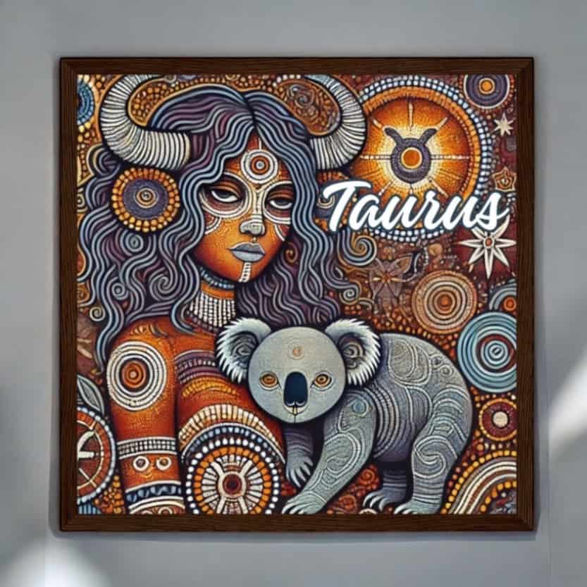 Taurus Aboriginal Astrology Bull Horned Woman with Koala Indigenous Art Wood Framed Print