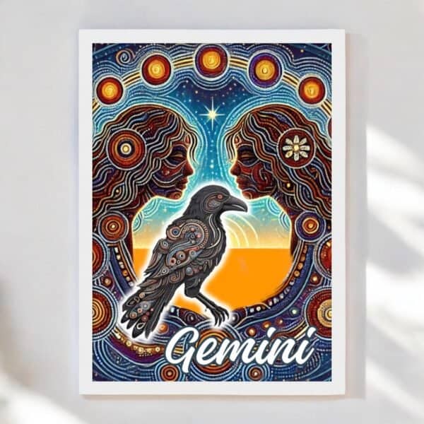 Gemini Women with Crow Aboriginal Astrology Art Framed Print features two mirrored profiles, a stylized crow, vibrant patterns, and a star above the word Gemini. A unique framed print perfect for celebrating Gemini women.