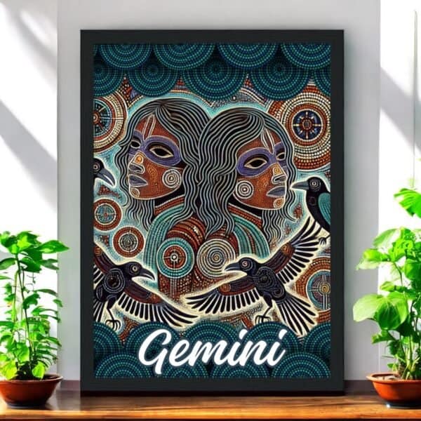 Gemini Men with Crows Aboriginal Astrology Framed Print features two abstract Gemini men, intricate patterns, crows, and circles. The word Gemini appears at the bottom, with green plants emphasizing its distinctive astrology theme.