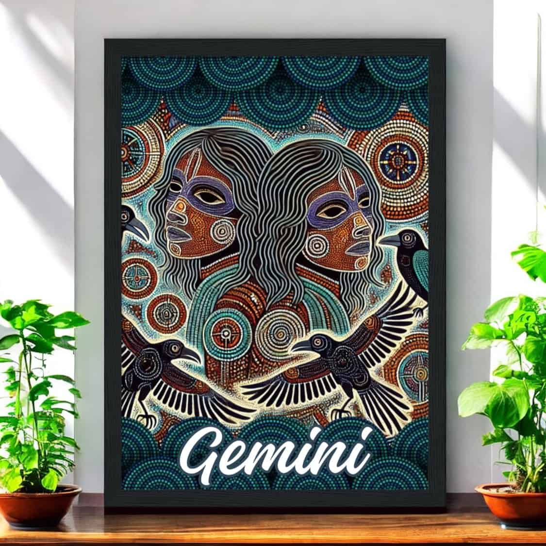 Gemini Men with Crows Aboriginal Astrology Framed Print features two abstract Gemini men, intricate patterns, crows, and circles. The word Gemini appears at the bottom, with green plants emphasizing its distinctive astrology theme.