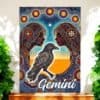 The Gemini Women with Crows Aboriginal Art Canvas showcases two mirrored Gemini women in profile with intricate patterns, stars, a patterned raven inspired by Crows Aboriginal Art at the center, lush green plants framing the vibrant design.