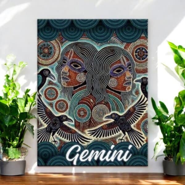 The Gemini Men with Crows Aboriginal Zodiac Dot Art Canvas features two masked men back-to-back, surrounded by patterns and black birds, with Gemini below. Inspired by Aboriginal zodiac motifs, it brightens any room among green plants.