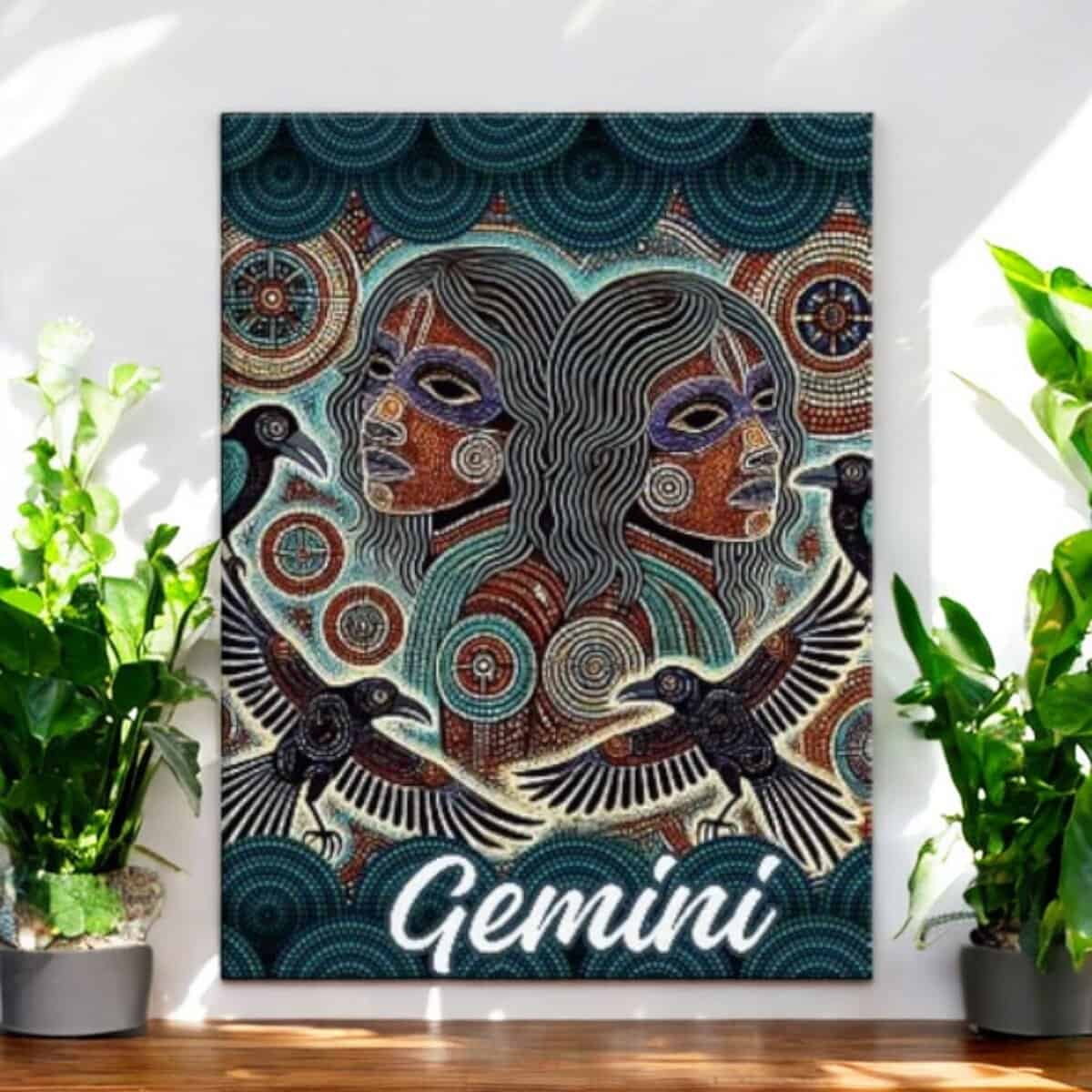 The Gemini Men with Crows Aboriginal Zodiac Dot Art Canvas features two masked men back-to-back, surrounded by patterns and black birds, with Gemini below. Inspired by Aboriginal zodiac motifs, it brightens any room among green plants.