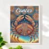 The Cancer Aboriginal Astrology Art Framed Print features a vibrant crab illustration with decorative patterns in swirling blue, orange, and yellow—an artistic representation of the Cancer zodiac sign inspired by Aboriginal Astrology.