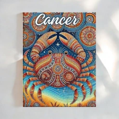 The Cancer Crab Aboriginal Zodiac Art Canvas features a vibrant, artistic crab with intricate patterns on a book cover, inspired by Aboriginal art. Cancer appears at the top in white script.