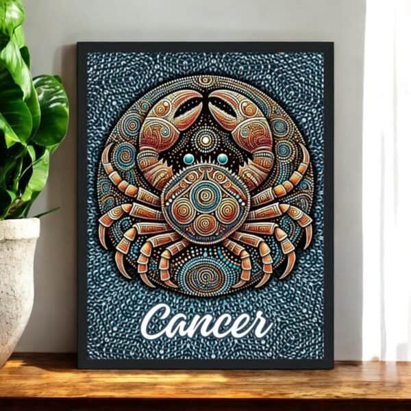 The Cancer Zodiac Aboriginal Art Framed Print features a stylized crab with blue accents and intricate patterns, Cancer in white script below, elegantly framed and shown on a wooden surface beside a green potted plant.