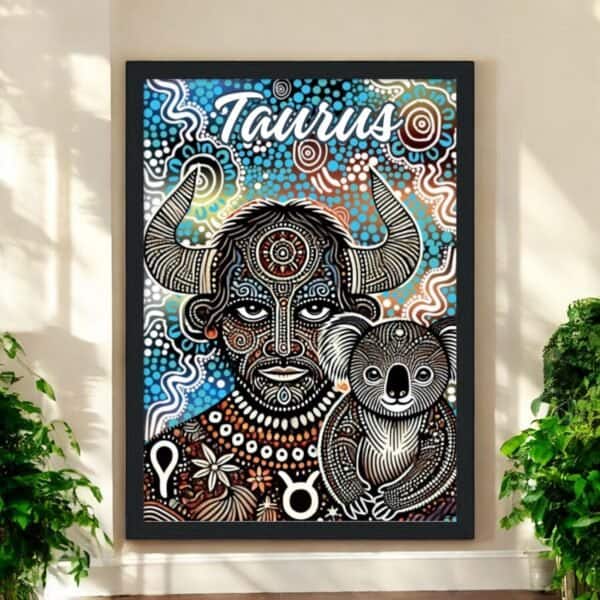 The Taurus Bull Horned Man with Koala Aboriginal Dot Art Framed Print features a stylized bull-horned man and koala in intricate dot patterns, set against an abstract background and framed by two green plants.