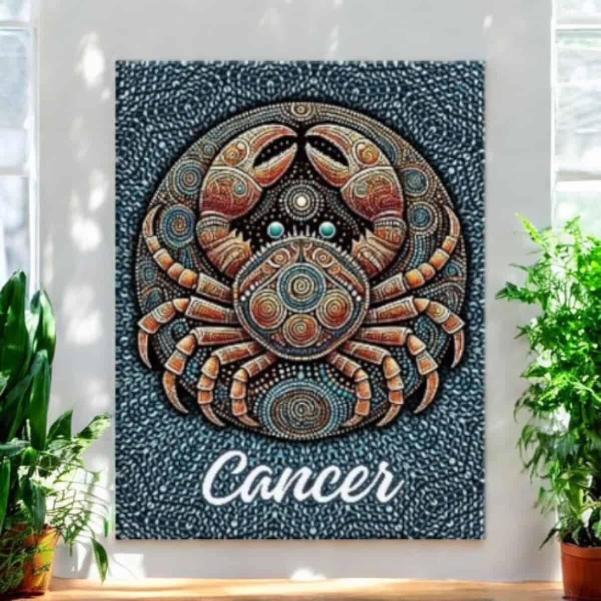 The Cancer Crab Aboriginal Astrology Art Canvas showcases a stylized crab with intricate dot patterns, inspired by Aboriginal astrology. Cancer appears below the artwork, which is beautifully displayed between two plants.