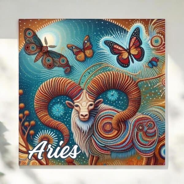 traditional zodiac meet Aboriginal astrology with this Aboriginal Aries dot art of the Ram with a moth