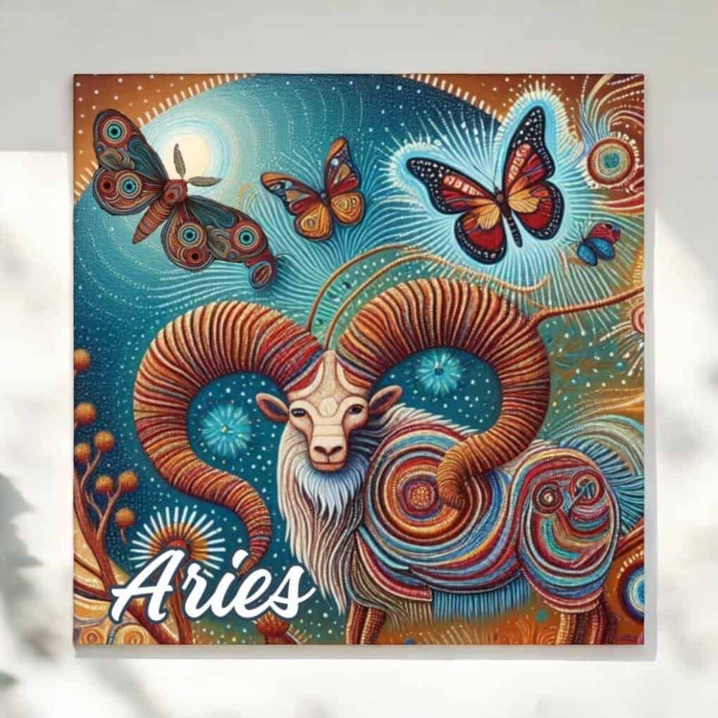 traditional zodiac meet Aboriginal astrology with this Aboriginal Aries dot art of the Ram with a moth