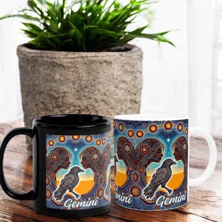 Gemini Twin Women with Crow Aboriginal Zodiac Dot Art  Mug