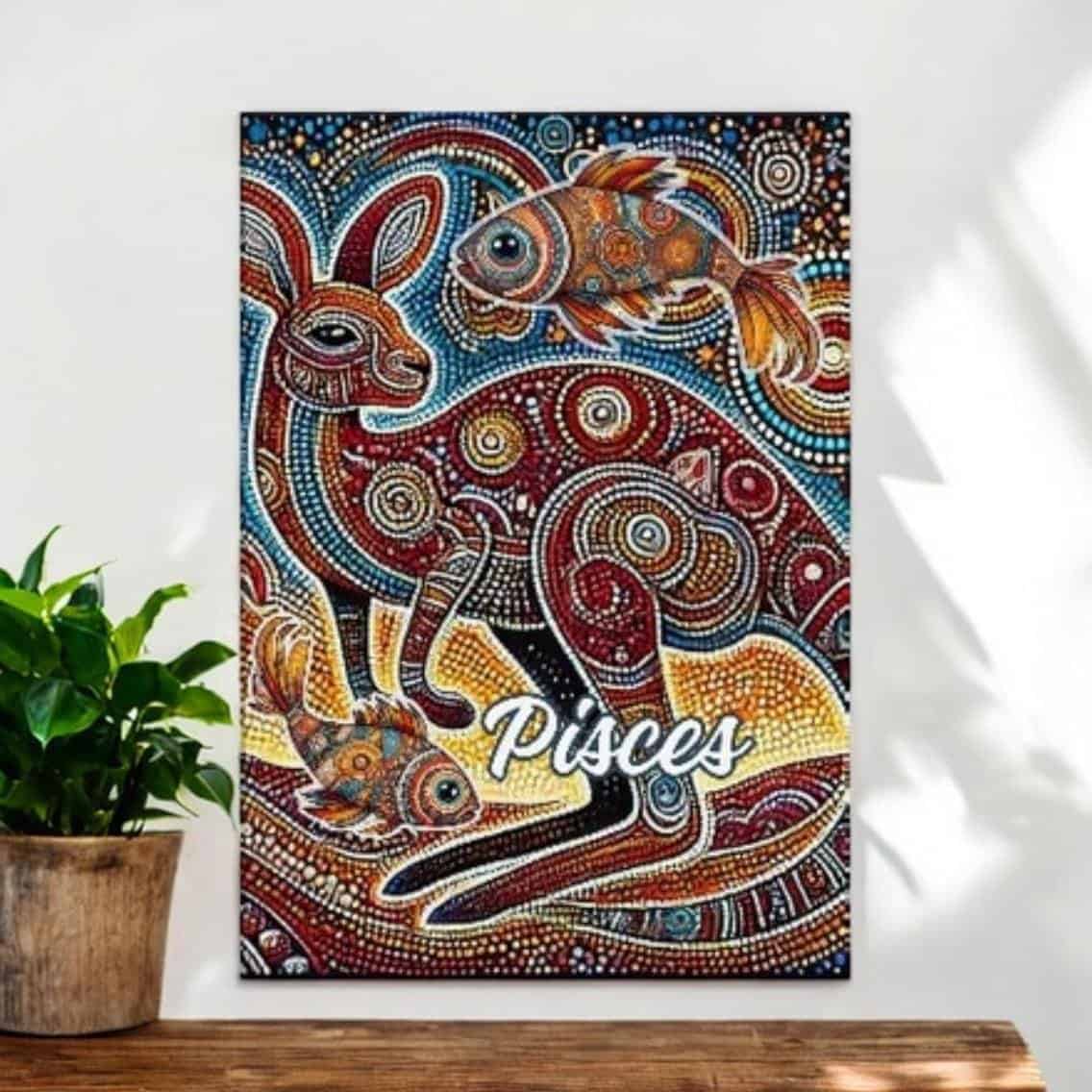 Pisces Aboriginal Dot art. Fish and Kangaroo printed canvas
