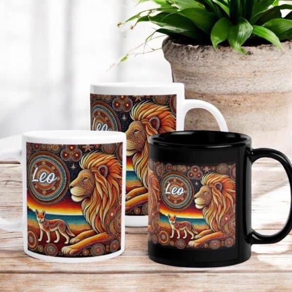 Leo Lion and Dingo Aboriginal Art Zodiac Mugs