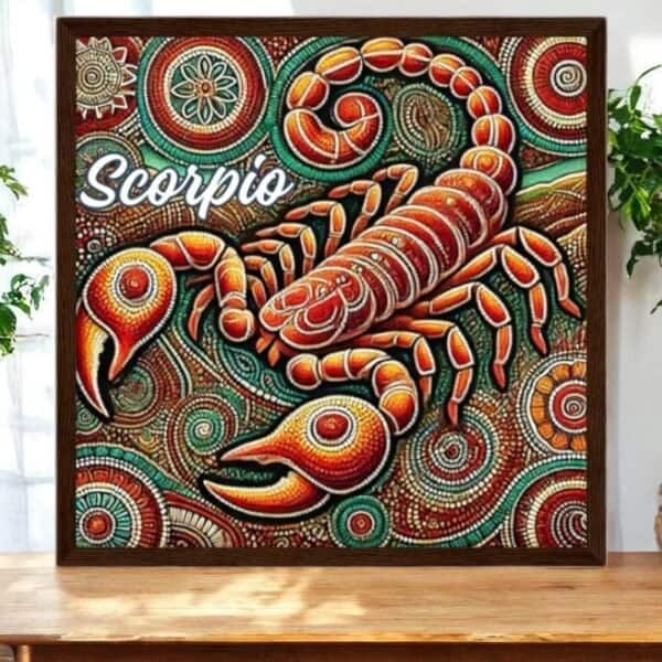 Scorpio Scorpion Wood Framed Aboriginal Zodiac Art