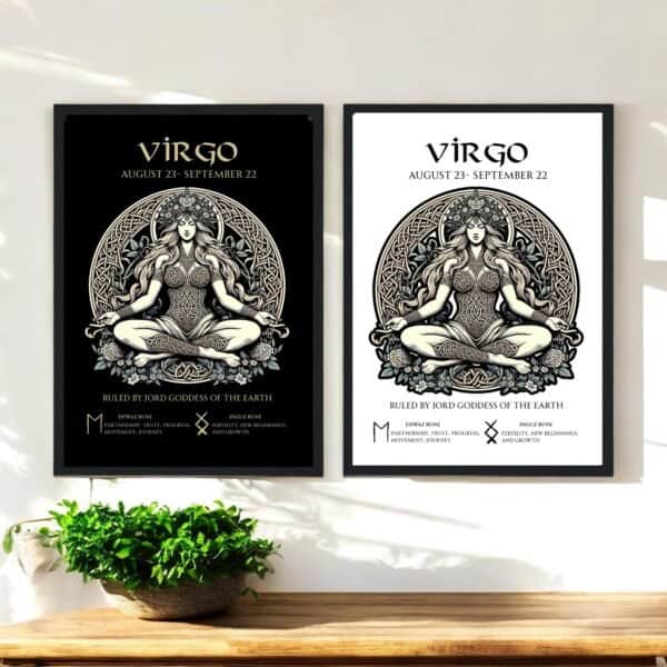 Virgo Zodiac Viking Earth Goddess Jord   and  Runes of Virgo on a Black or white background. Printable, Printed Or Wood Framed Print.