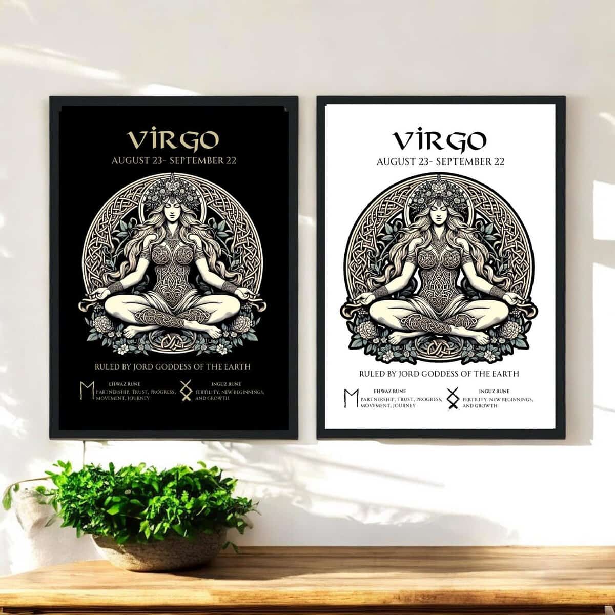 Virgo Zodiac Viking Earth Goddess Jord   and  Runes of Virgo on a Black or white background. Printable, Printed Or Wood Framed Print.