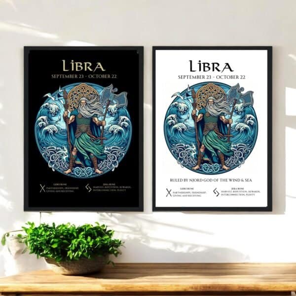 Libra Zodiac Ruler Nord Viking God of Wind & Sea with Libra Runes on a Black or white background. Printable, Printed Or Wood Framed Print.
