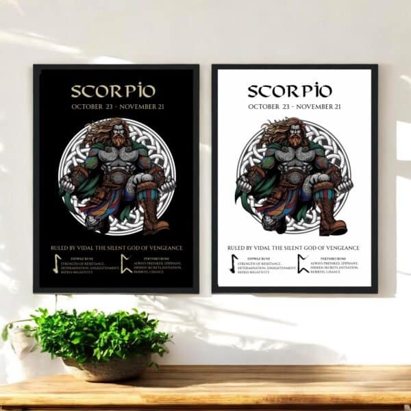 Scorpio Zodiac Ruler Vidal Viking God of Vengeance with Scorpio Runes on a Black or white background. Printable, Printed Or Wood Framed Prin