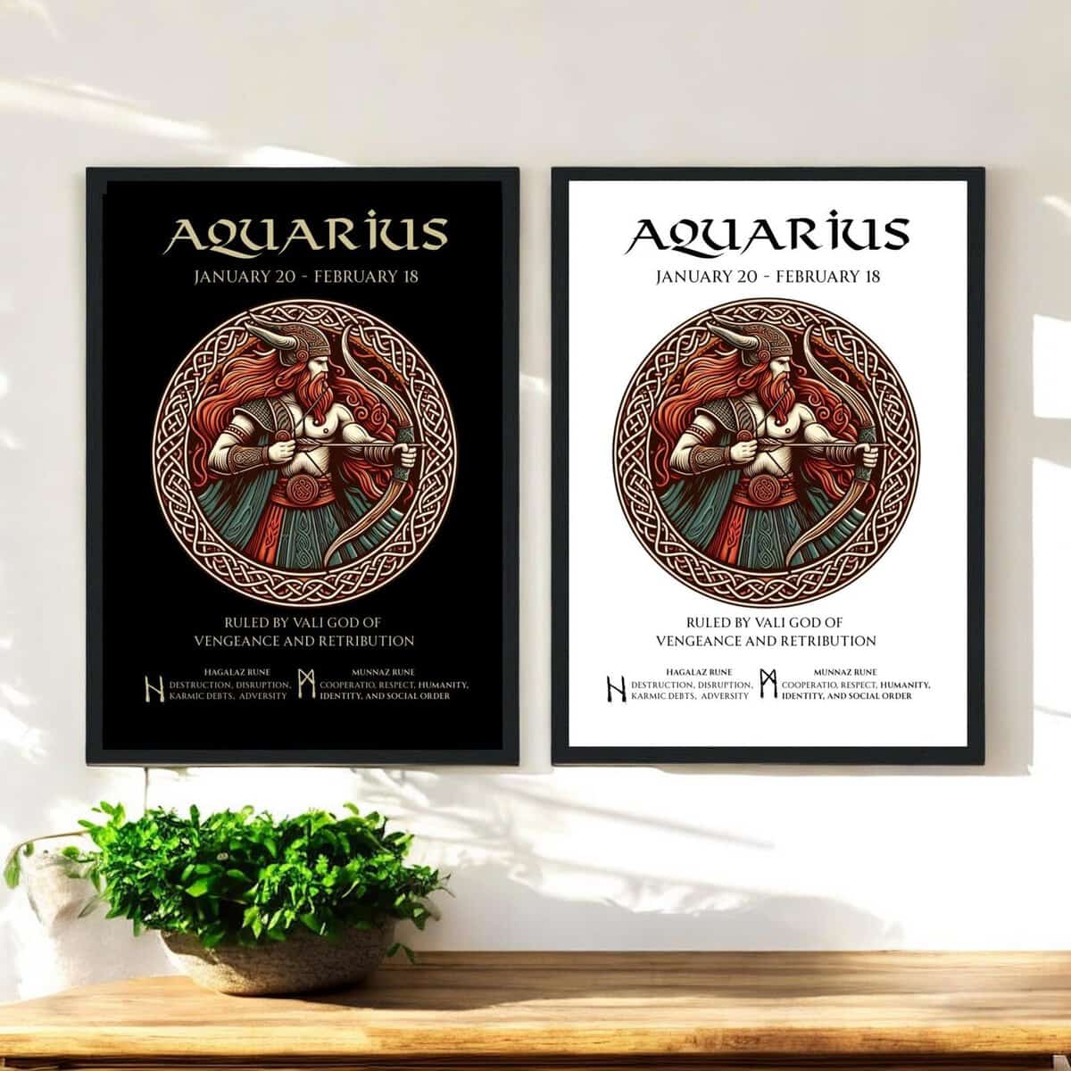 Aquarius Zodiac Norse God Vali with Runes on a Black or white background. Printable, Printed Or Wood Framed Print