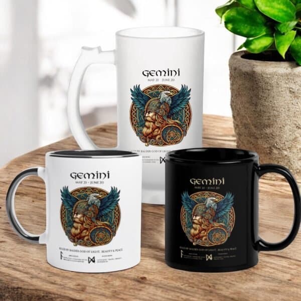 Gemini Zodiac Viking God Balder with  and Runes. Coffee or Beer Mugs