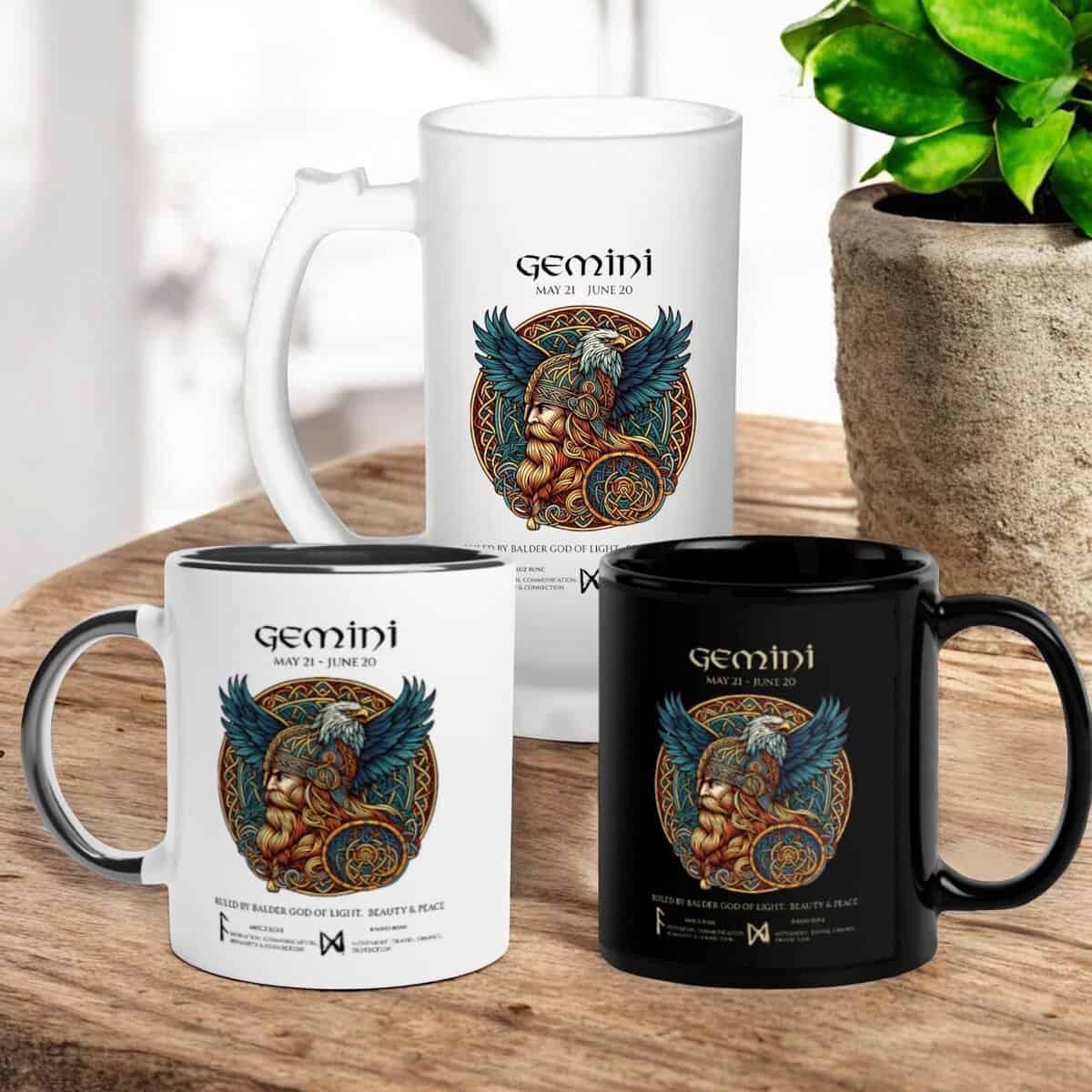 Gemini Zodiac Viking God Balder with  and Runes. Coffee or Beer Mugs