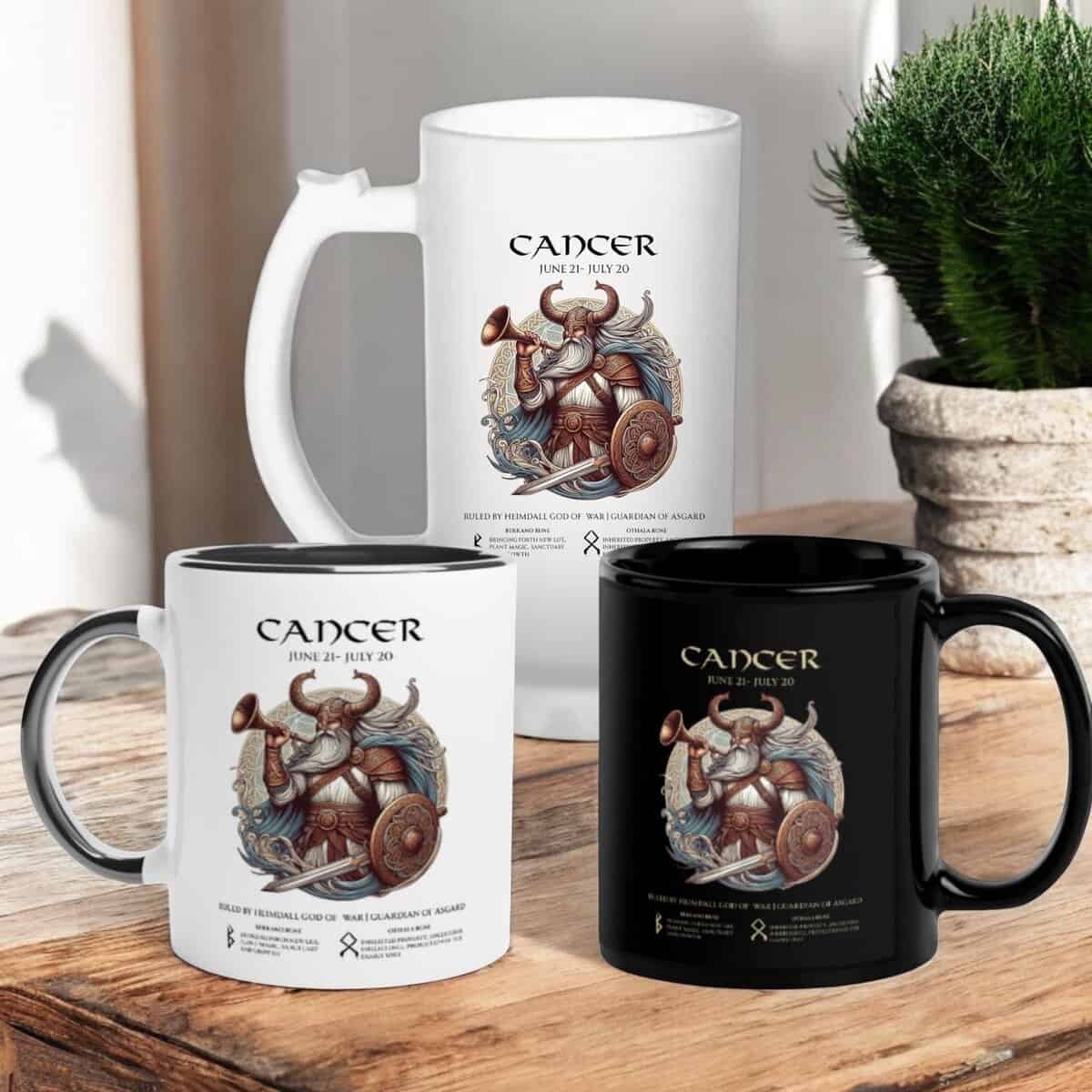 Cancer Zodiac Viking God Heimdall with  and Runes. Coffee or Beer Mugs