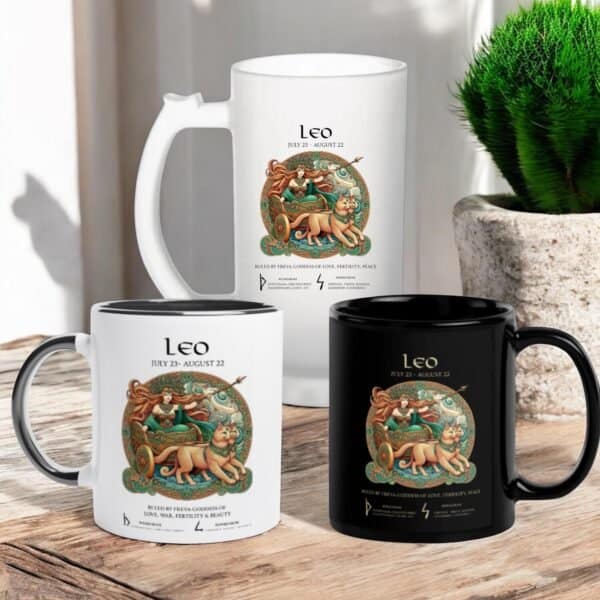 Leo Zodiac Viking Goddess Freya with  and Runes. Coffee or Beer Mugs