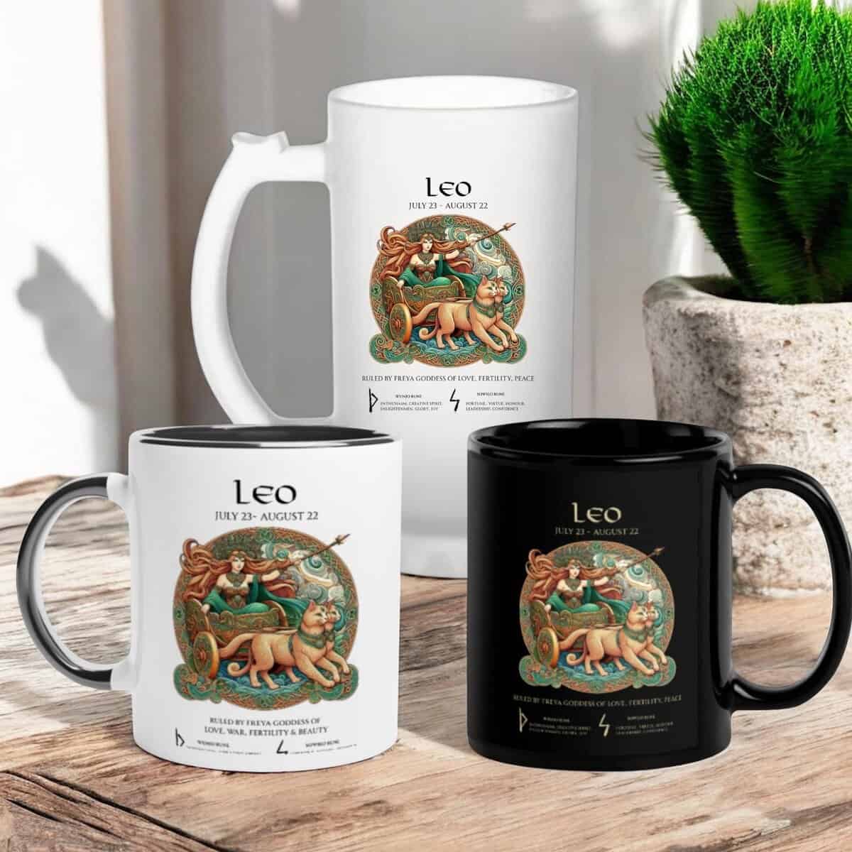 Leo Zodiac Viking Goddess Freya with  and Runes. Coffee or Beer Mugs