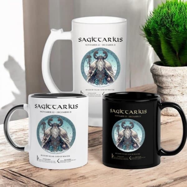 Sagittarius Zodiac Viking God Ullar  and Runes. Coffee or Beer Mugs