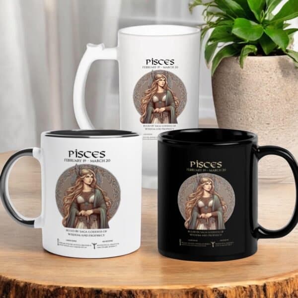 Pisces Zodiac Viking Goddess Saga  and Runes. Coffee or Beer Mugs