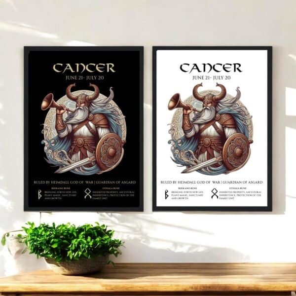 Cancer Zodiac Viking God Heimdall guardian of Asgard with  Runes. Black or white background. Printable, Printed Or Wood Framed Print.