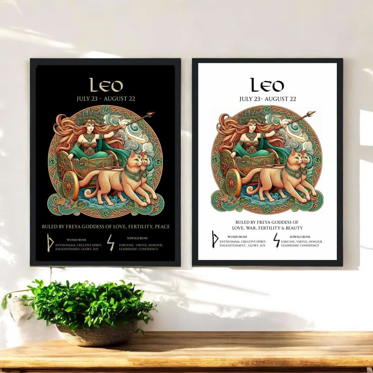Leo Zodiac Viking Goddess Freya with her cat chariot and  Runes. Black or white background. Printable, Printed Or Wood Framed Print.