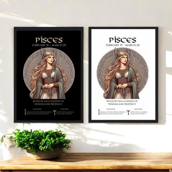 Pisces Zodiac Norse Goddess Saga with Runes on a Black or white background. Printable, Printed Or Wood Framed Print