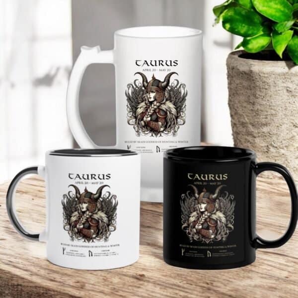 Taurus Zodiac Viking Goddess Skadi with  and Runes. Coffee or Beer Mugs