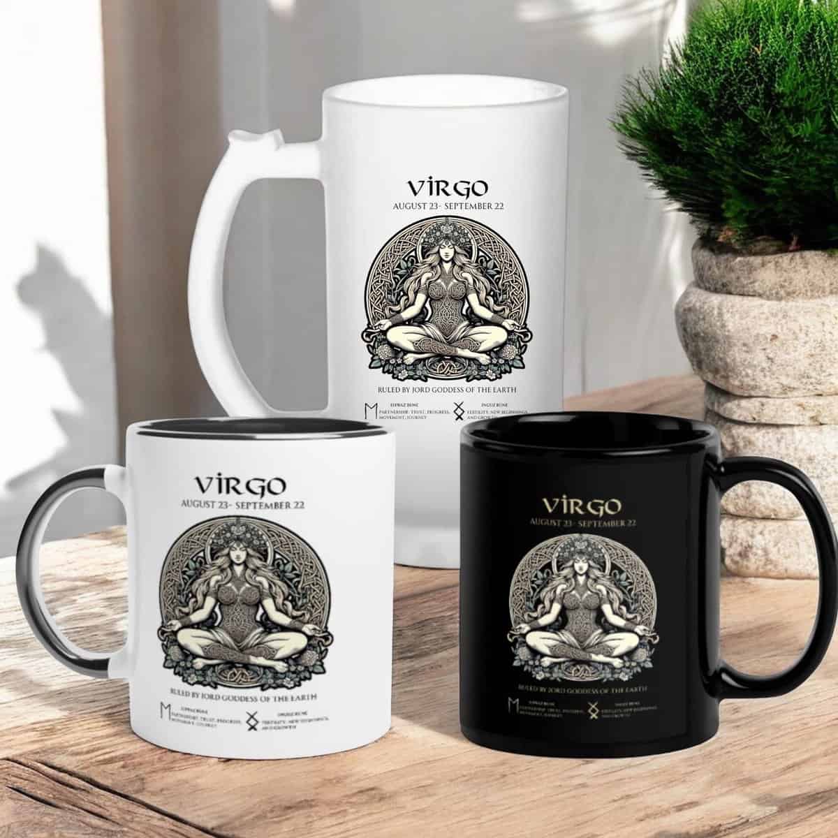 Virgo Zodiac Viking Goddess Jord with  and Runes. Coffee or Beer Mugs