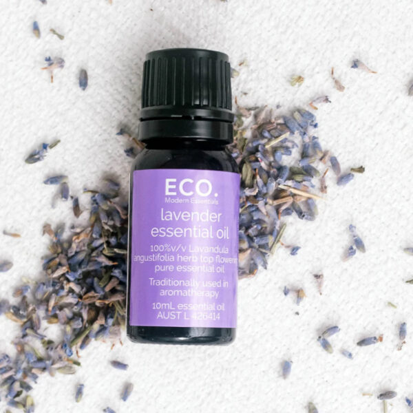 A bottle of Lavender Essential Oil rests on a white surface, surrounded by scattered dried lavender buds.