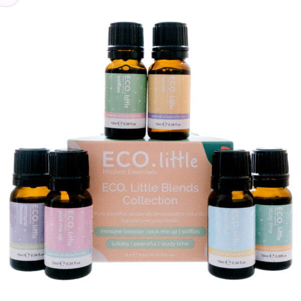 Six small bottles from the Eco Little Blends Collection are displayed around an ECO. little Modern Essentials box, each with colorful labels in purple, green, orange, and blue—perfect eco-friendly blends.