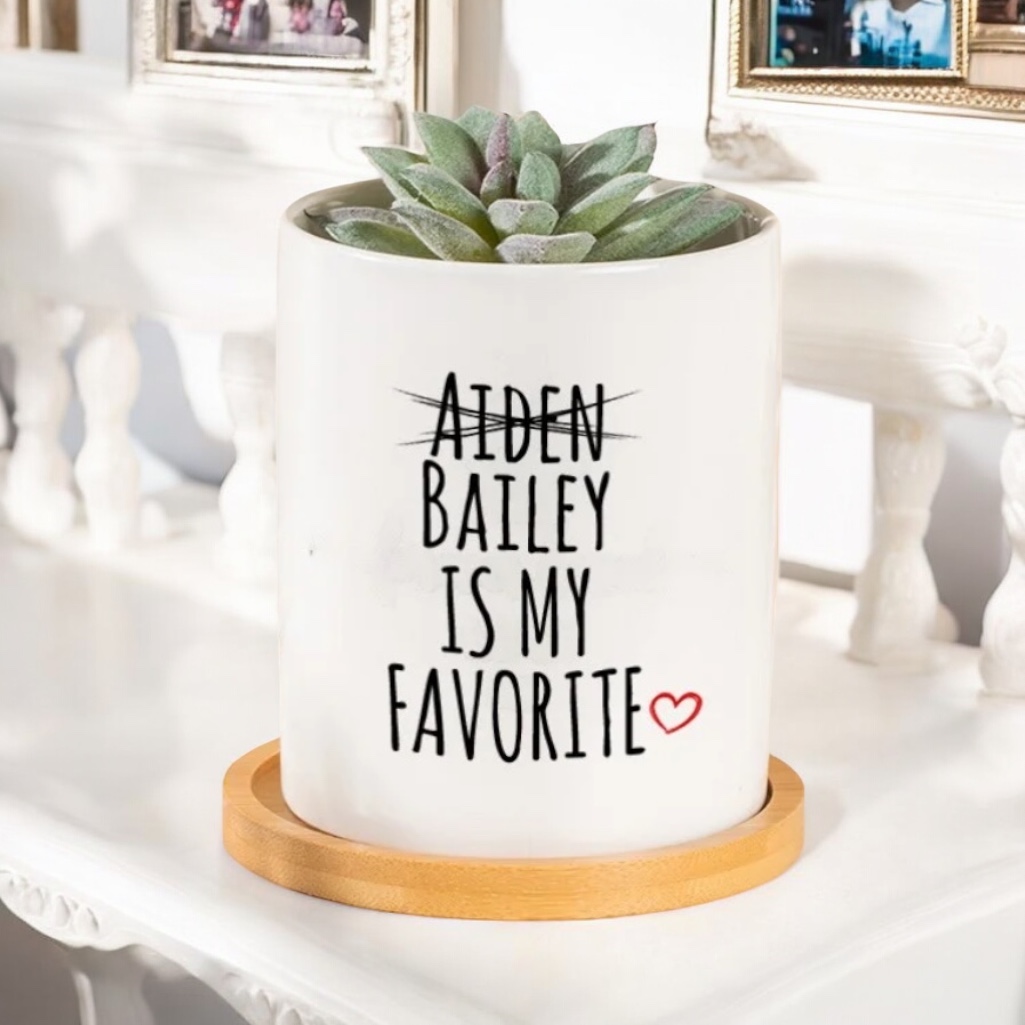 The Favourite Child Personalised Ceramic Planter Pot features a succulent in a ceramic planter reading Aiden (crossed out), Bailey is my favorite with a red heart, set on a wooden coaster—perfect for displaying who’s really the favorite.