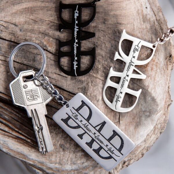 Dad custom keyring. Personalised with up to 12 names on a solid or laser cut tag, in silver or black
