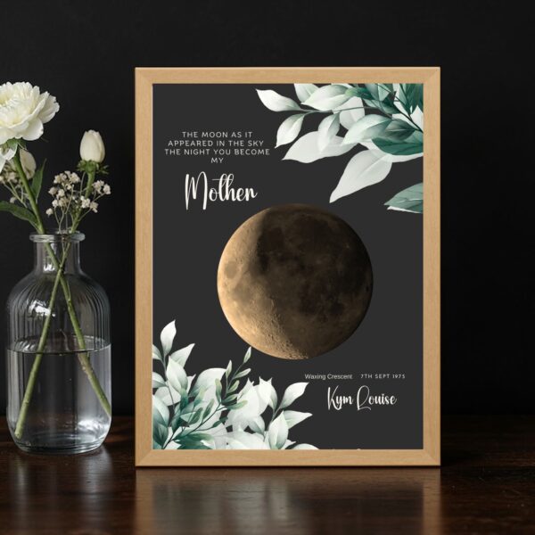 golden moon phase print on a stary night sky the night you became a mum, dad, grandparent, god parent. personalised print or framed print