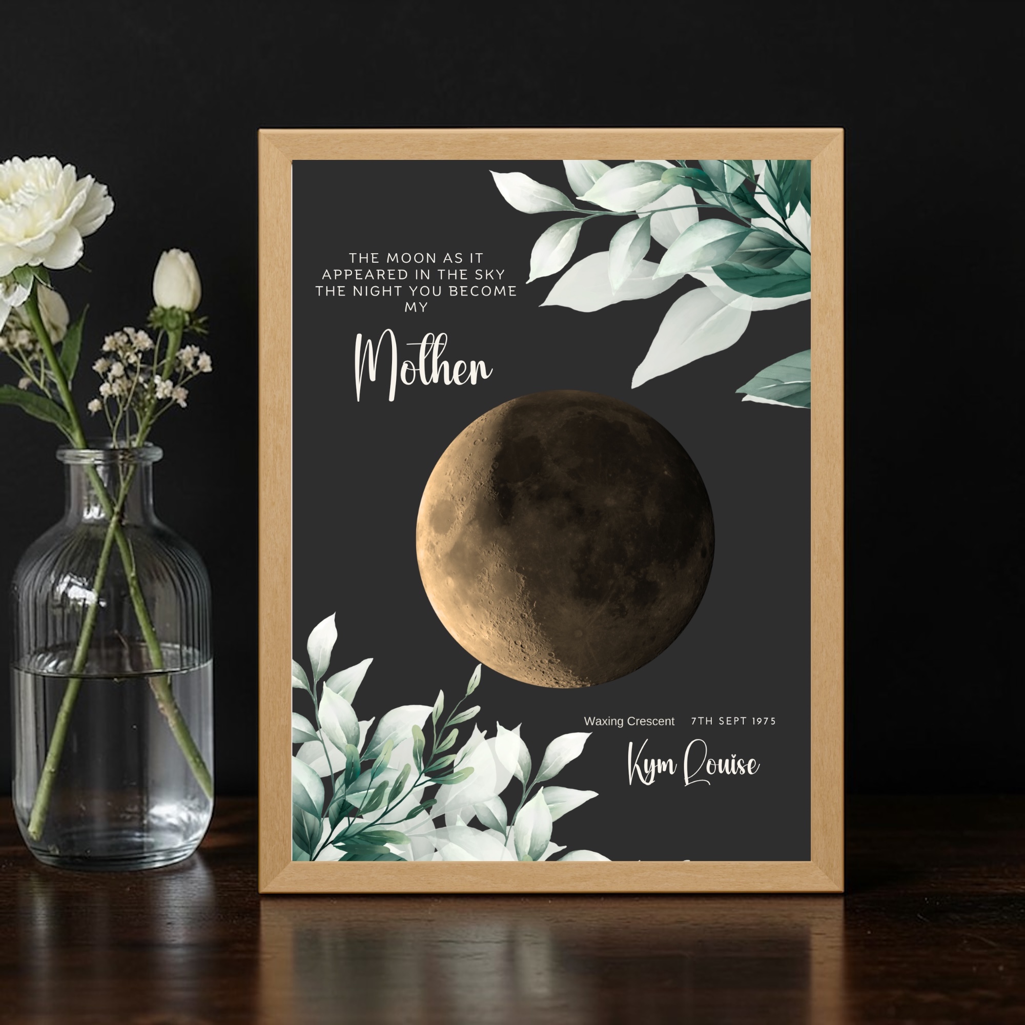 golden moon phase print on a stary night sky the night you became a mum, dad, grandparent, god parent. personalised print or framed print