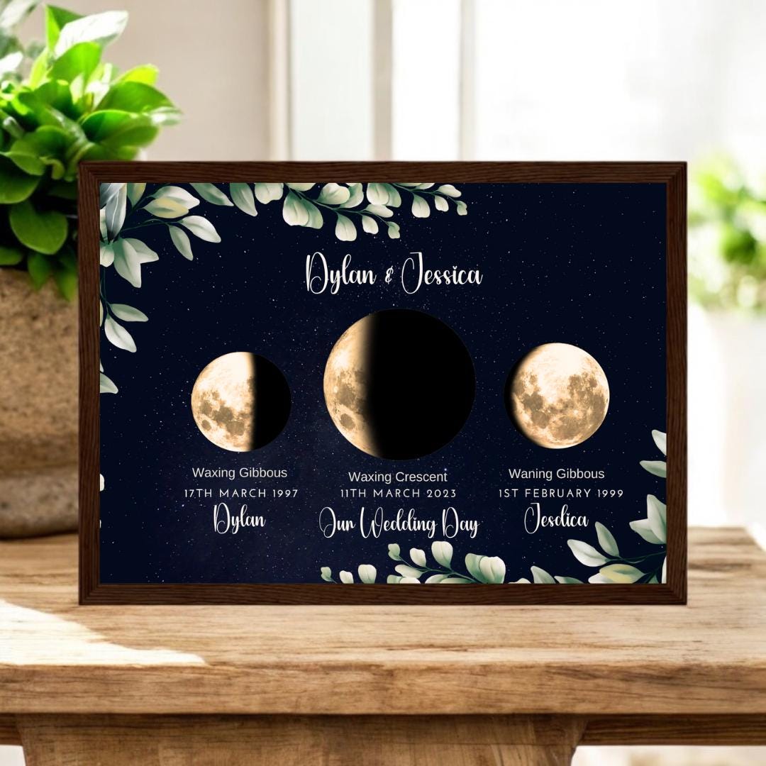Customised Golden  Moon Phase  on a stary night - Gift for Couples, Engagement , Wedding , Anniversary