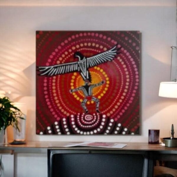 Fly Free -  Aboriginal Dot Art Canvas  Print featuring an Eagle and man in traditional Aboriginal Colours