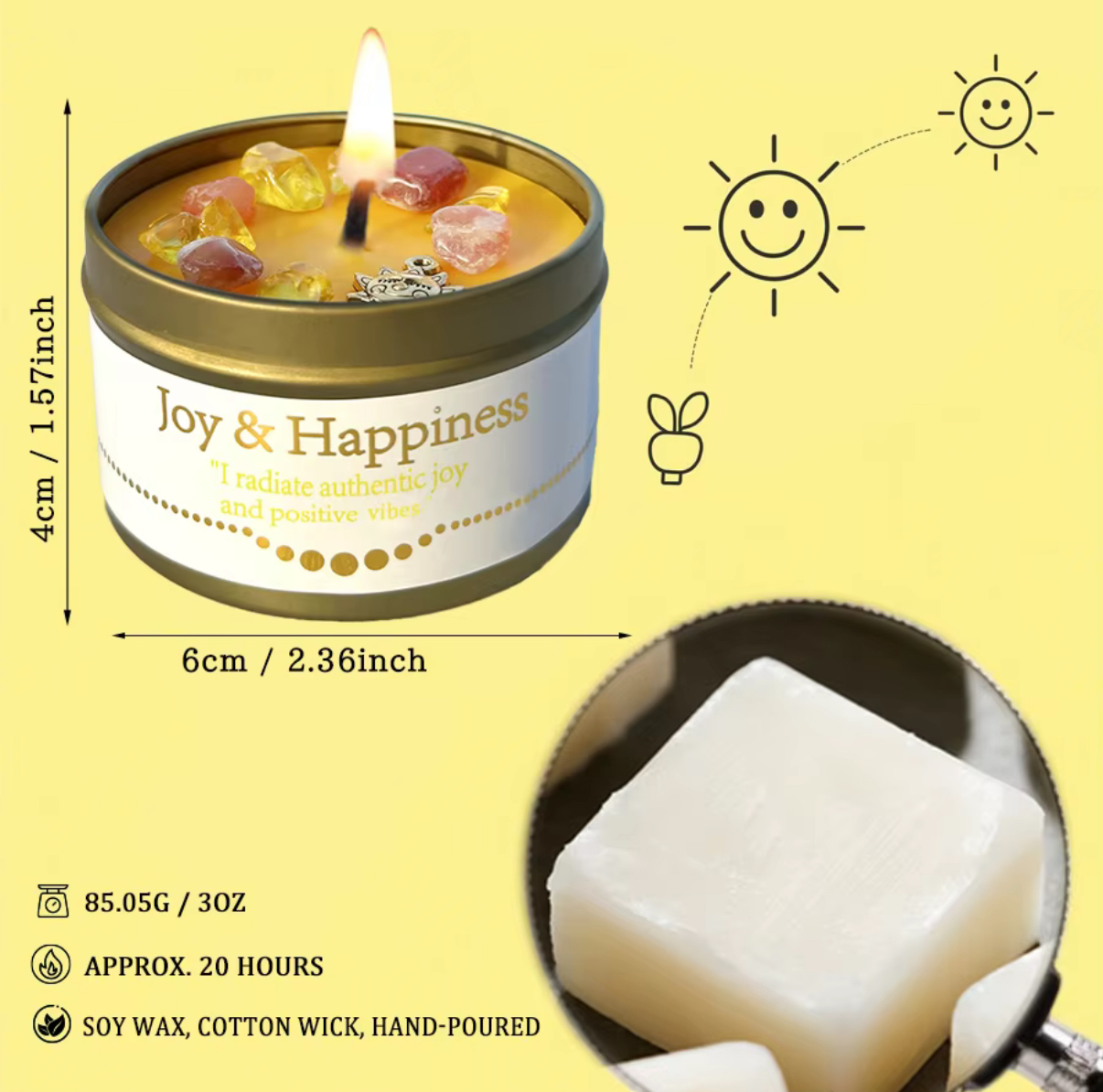 A yellow candle labeled Joy & Happiness burns with colorful stones on top. The image includes a size chart, a soy wax cube, and icons for burn time, ingredients, and positivity. The background is yellow with smiling sun illustrations.