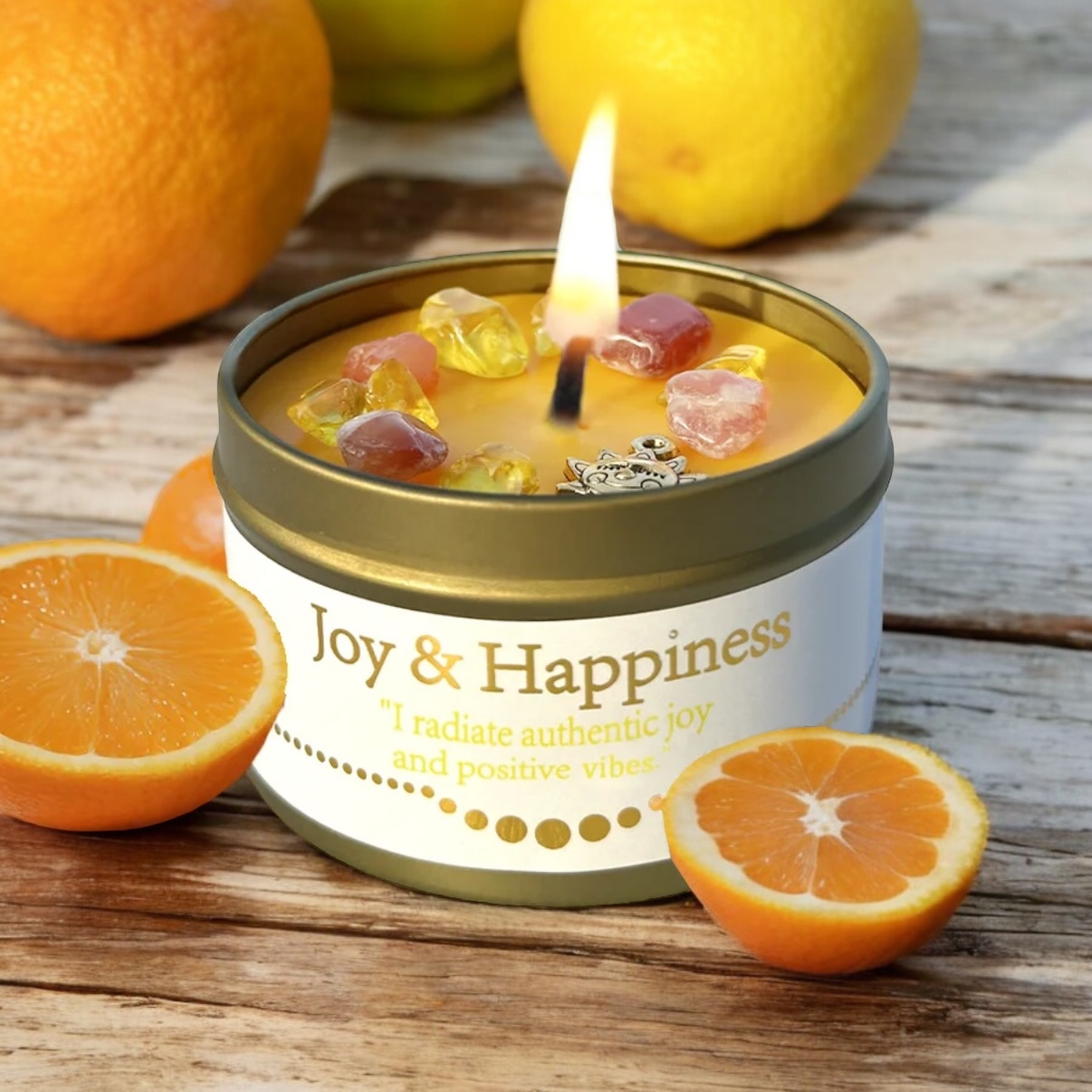 A lit candle labeled Joy & Happiness sits on a wooden surface surrounded by sliced oranges and lemons. The candle is decorated with small colorful stones and emits a warm, cheerful glow.