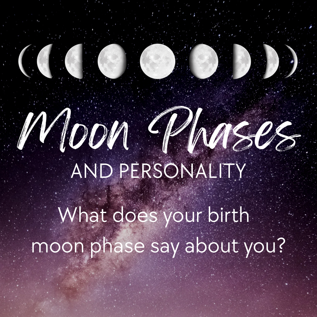 A starry night sky with the Milky Way, moon phases shown in a row, and text: Moon Phases and Personality Traits. What do your moon phases at birth reveal about your unique character?.