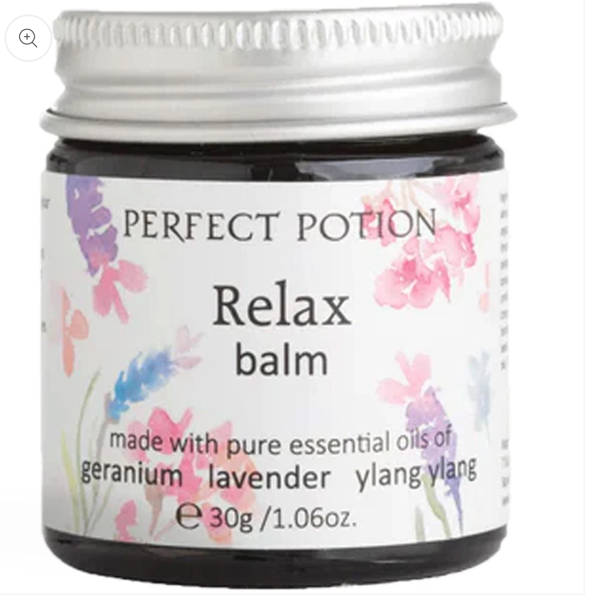 A 30g jar of Perfect Potion Relax Balm, featuring pastel floral designs and a label highlighting pure geranium, lavender, and ylang ylang essential oils.