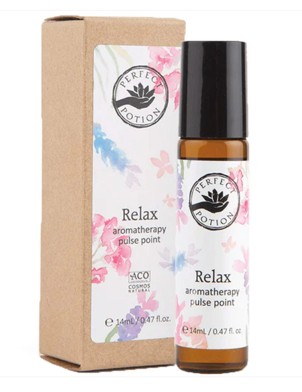 A brown glass Relax Pulse Point Roll On Essential Oil sits in front of a matching floral-patterned box, both displaying the Perfect Potion brand name.