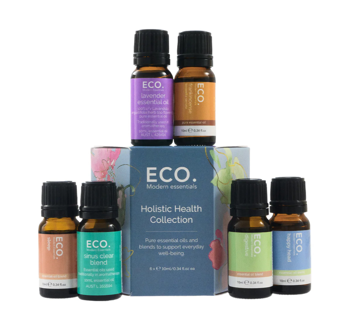 Six bottles from the Holistic Health Essential Oil Collection are arranged around its blue box, featuring blends like lavender, energy, and sinus clear for holistic wellness, all set against a white background.